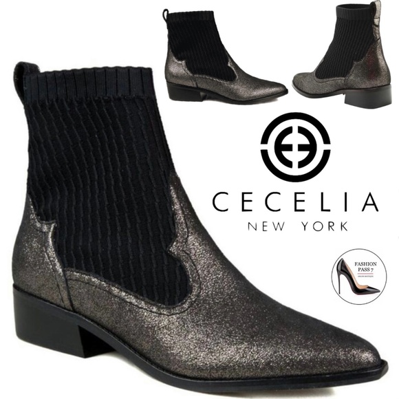 CECELIA NEW YORK Shoes - Cecelia New York Tomas Ankle Boot Blacks Pewter Leather Fashion Heel Booties 9.5